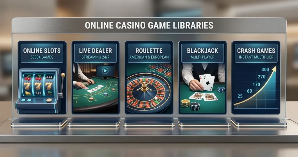 Abstract casino game tiles representing slots, live dealer tables, roulette and crash-style games
