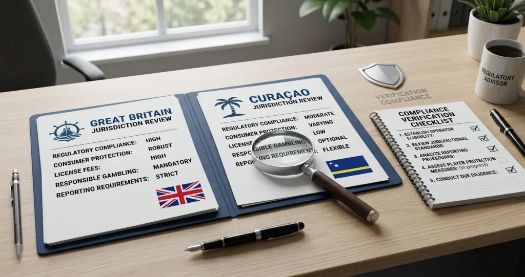 Generic compliance checklist comparing UK and Curaçao gambling jurisdictions without regulator logos