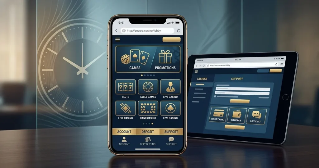 Generic smartphone casino interface with a clock motif and no real brand interface