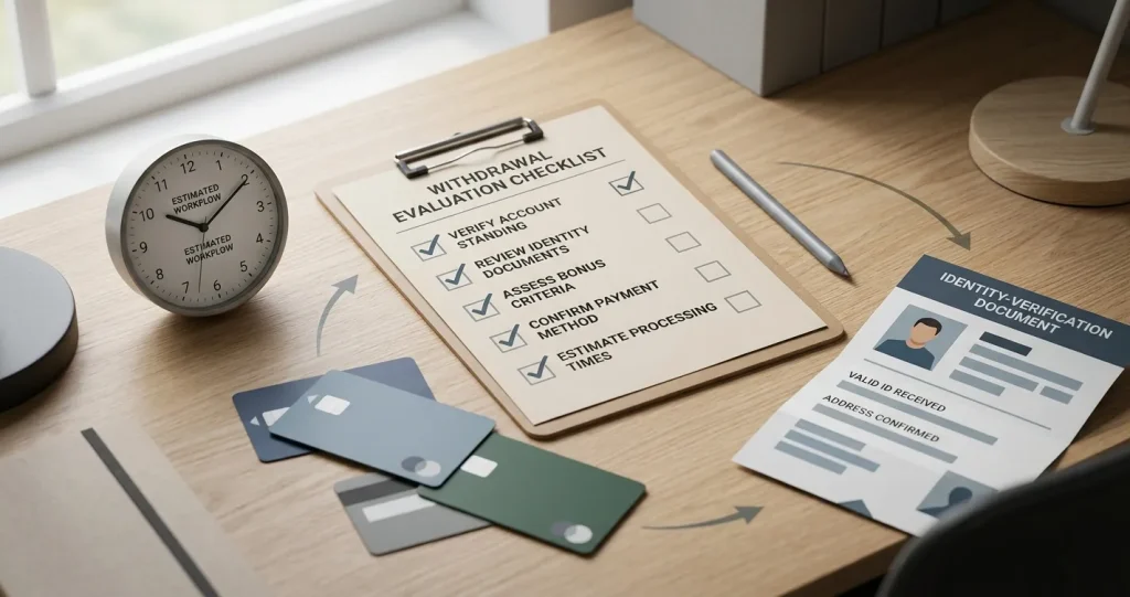 Illustration of a cashout checklist, identity verification document and clock symbol